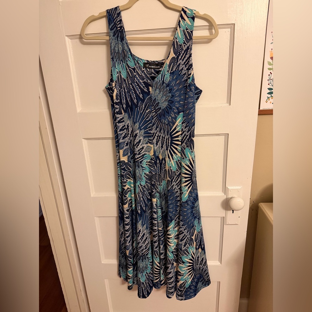 Creation Blue and Cream Floral Dress - Size M